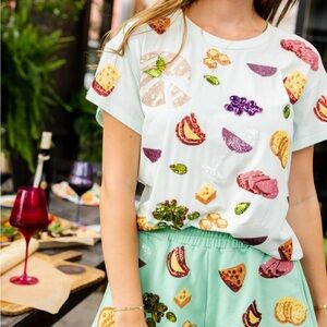 Queen of Sparkles Mint Charcuterie and Wine Sequins Short Sleeve T-Shirt